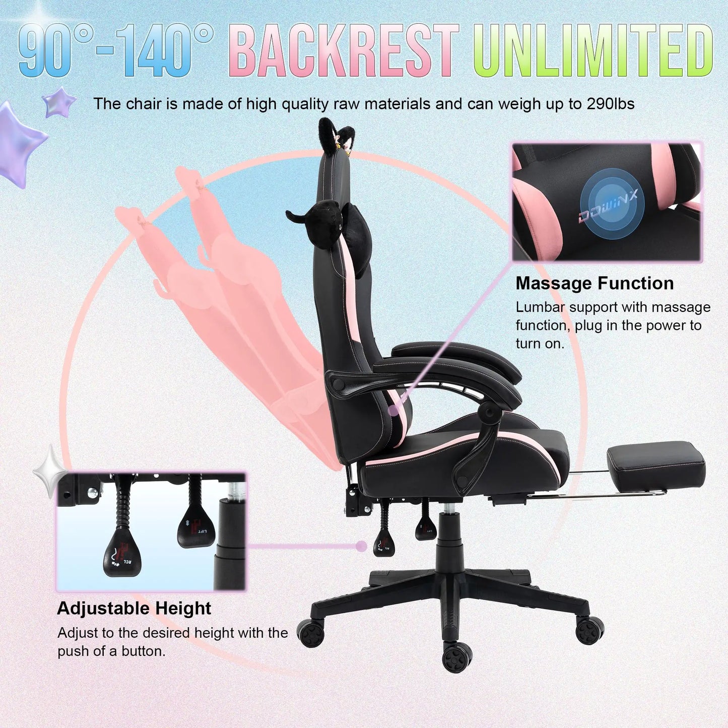 Dowinx Cat Ear Gaming Chair – Ergonomic Computer Chair with Lumbar & Footrest