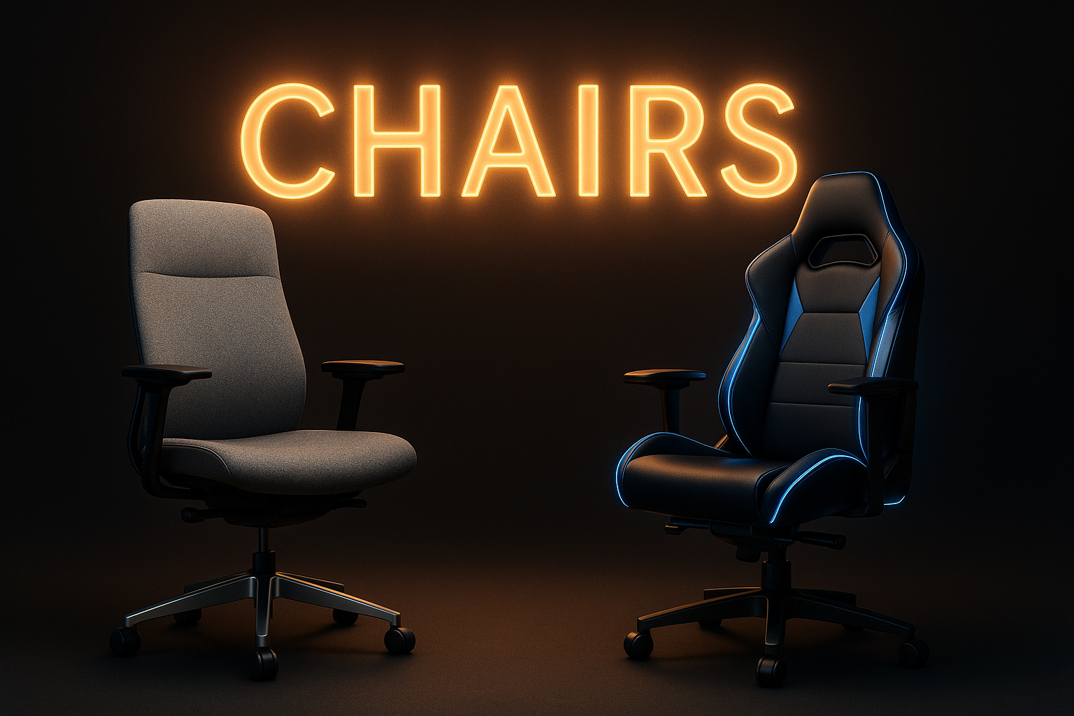 give me office and gaming chare ai generated cover image for my chair selling website. background logo "charis", cahirs text look like warm light logo